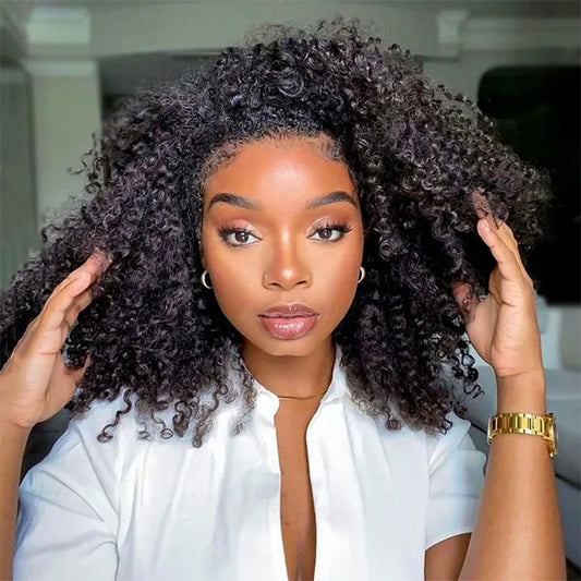 Drawstring Kinky Curly Half Wig Full Machine Made Natural Hairline 180% Density Blend With Natural Hair