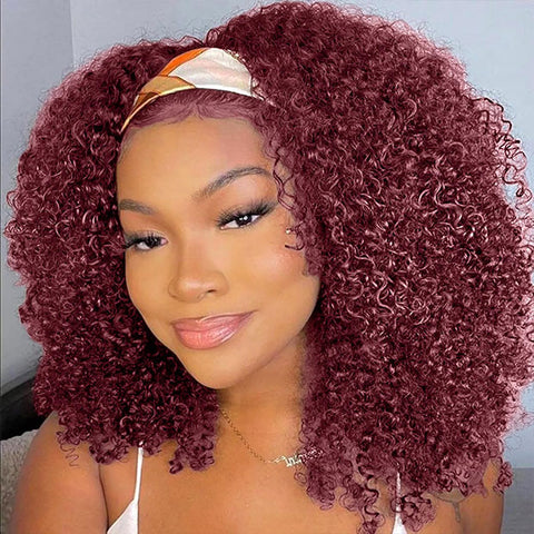 VSHOW HAIR Premium Burgundy 99J Kinky Curly Hair Headband Wigs 180% Density Glueless None Lace Wig