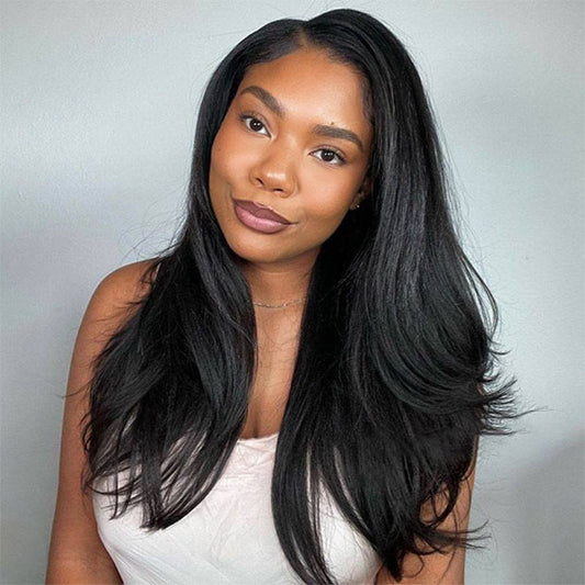 Layered Cut Blow Out Yaki Straight Human Hair Half Wigs With Drawstring Pre Styled Yaki Hair Wigs