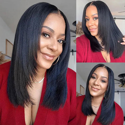 Layered Cut Yaki Straight Hair 9x6 T Part Lace Glueless Human Hair Wigs With Drawstring