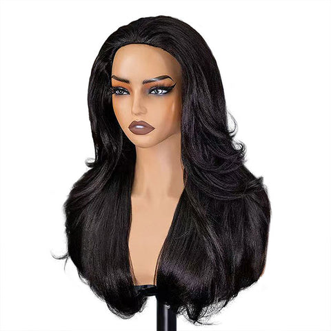 Layered Cut Blow Out Yaki Straight Human Hair Half Wigs With Drawstring Pre Styled Yaki Hair Wigs