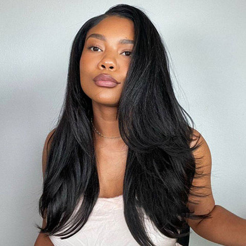 Layered Cut Blow Out Yaki Straight Human Hair Half Wigs With Drawstring Pre Styled Yaki Hair Wigs