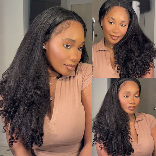 Vshow Kinky Straight Burmese Curly Human Hair Half Wigs 250% Density With Drawstring Natural Blend Wigs