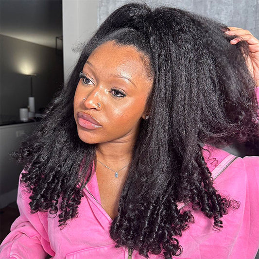 VSHOW Pre Styled Kinky Straight Burmese Curly V Part Human Hair Wigs 250% Density Natural Blend Curly Hair Wigs With Spiral Curls