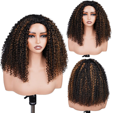 Vshow 3 In 1 Drawstring Half Wigs Kinky Curly Highlight Color Human Hair Wigs Flip Over Wig