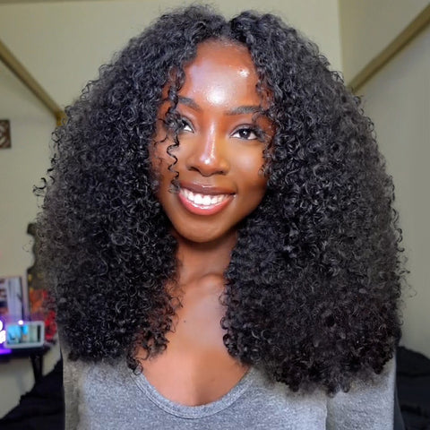 VSHOW Glueless Wigs V Part Kinky Curly Wig No Leave Out Thin Part Human Hair Wig Beginner Friendly