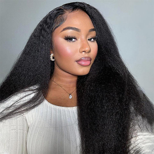 Kinky Straight V Part Human Hair Wigs With Drawstring 180% Density Glueless Wigs Natural Blend