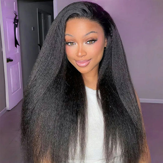 Kinky Straight Pre-Cut 9x6 T Part Lace Wear Go Wig Pre Bleached Knots With Natural Hairline