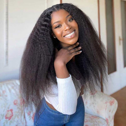 Kinky Straight Pre-Cut 9x6 T Part Lace Wear Go Wig Pre Bleached Knots With Natural Hairline