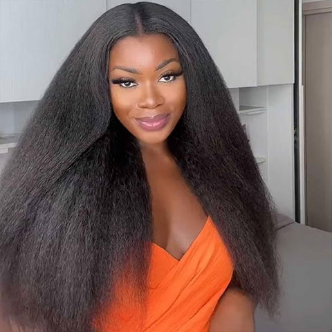 Kinky Straight Pre-Cut 9x6 T Part Lace Wear Go Wig Pre Bleached Knots With Natural Hairline