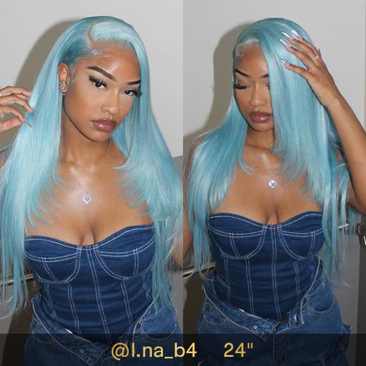 VSHOW Lake Blue Color Straight Hair Lace Front Wigs Real Human Hair Wigs