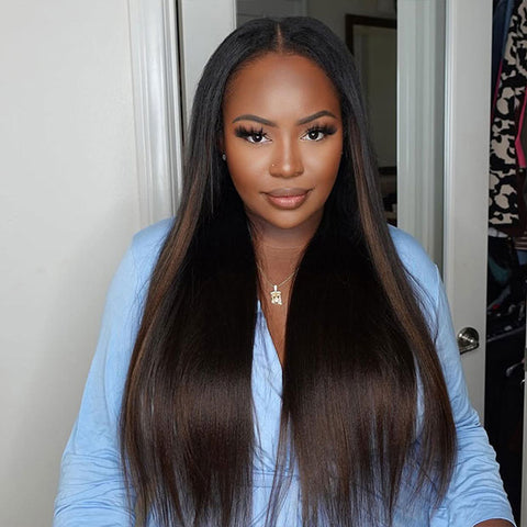 Pre Styled Yaki Straight Human Hair Wigs Ombre Black To Brown Glueless Wigs For Beginners