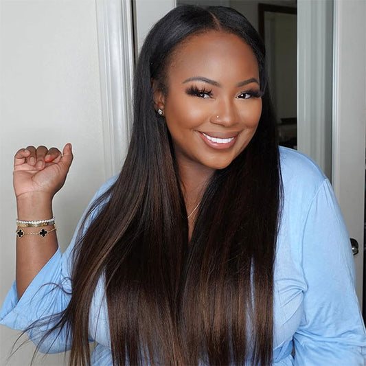 Pre Styled Yaki Straight Human Hair Wigs Ombre Black To Brown Glueless Wigs For Beginners