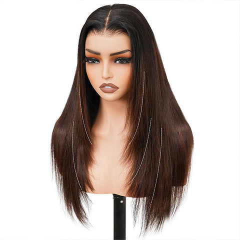 Pre Styled Yaki Straight Human Hair Wigs Ombre Black To Brown Glueless Wigs For Beginners