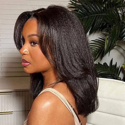 Layered Cut Yaki Straight Hair 9x6 T Part Lace Glueless Human Hair Wigs With Drawstring