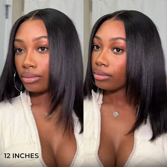 Clearance Sale Layered Yaki Straight Human Hair Bob Wigs Short Cut Glueless Human Hair Wigs For Women