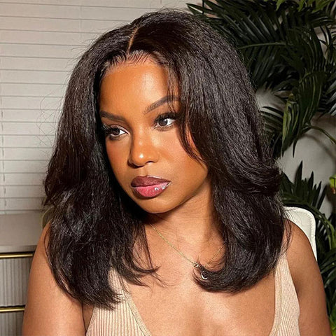 Layered Cut Yaki Straight Hair 9x6 T Part Lace Glueless Human Hair Wigs With Drawstring