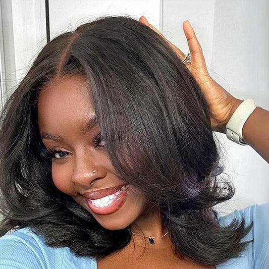 Layered Cut Yaki Straight Hair 9x6 T Part Lace Glueless Human Hair Wigs With Drawstring