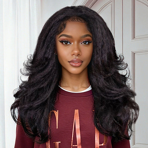 Layered Cut Blow Out Kinky Straight Human Hair Half Wigs With Drawstring Pre Styled Yaki Hair Wigs