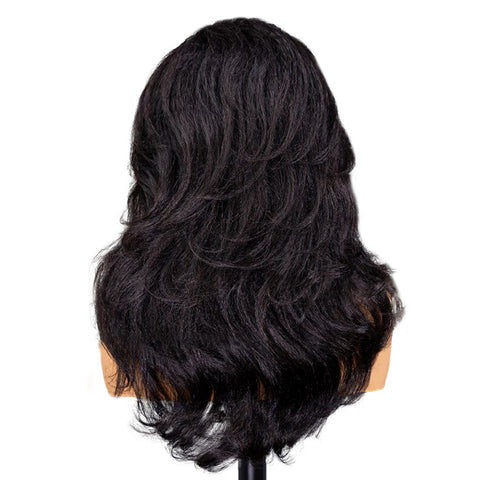 Layered Cut Blow Out Kinky Straight Human Hair Half Wigs With Drawstring Pre Styled Yaki Hair Wigs