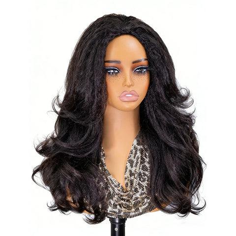 Layered Cut Blow Out Kinky Straight Human Hair Half Wigs With Drawstring Pre Styled Yaki Hair Wigs