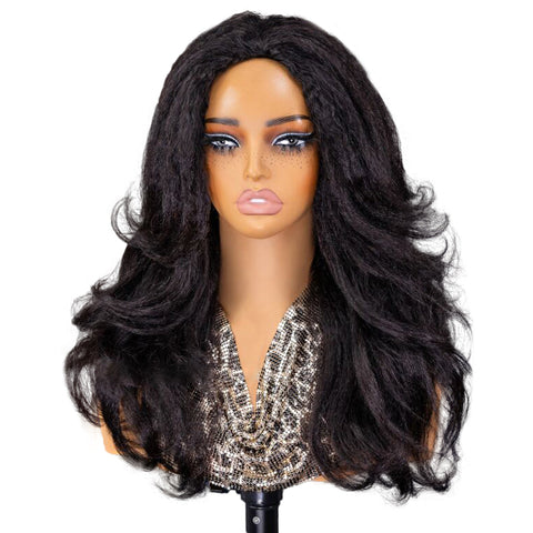 Layered Cut Blow Out Kinky Straight Human Hair Half Wigs With Drawstring Pre Styled Yaki Hair Wigs