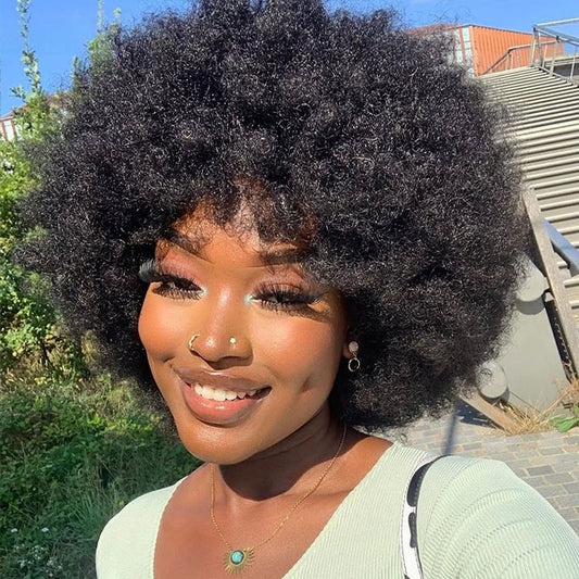 Vshow 70s Bouncy Curly Wigs Afro Curly Wig With Bangs Short Bobcut Fluffy Human Hair Wigs Natural Blend