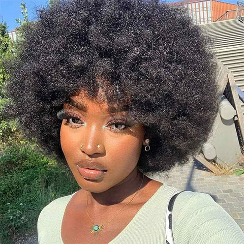 Vshow 70s Bouncy Curly Wigs Afro Curly Wig With Bangs Short Bobcut Fluffy Human Hair Wigs Natural Blend