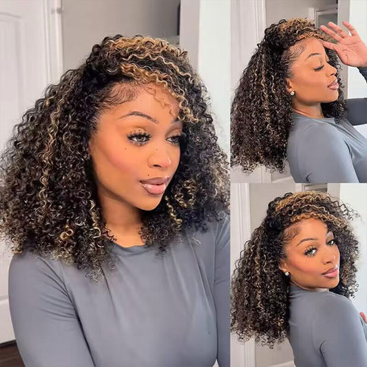 Bogo Deal 1B/30 Kinky Curly Wate Wave Half Wig 180% Density Highlight Color Kinky Curly Human Hair Half Wigs