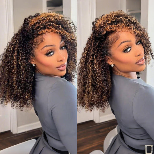 Vshow 3 In 1 Drawstring Half Wigs Kinky Curly Highlight Color Human Hair Wigs Flip Over Wig