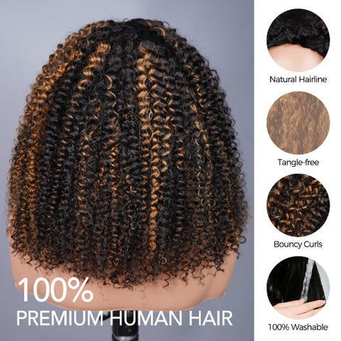 Vshow 3 In 1 Drawstring Half Wigs Kinky Curly Highlight Color Human Hair Wigs Flip Over Wig