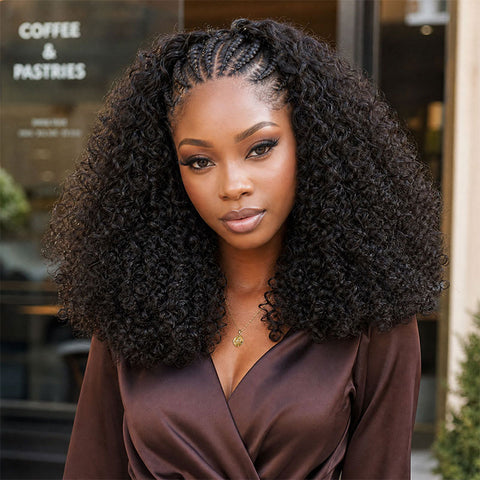 Vshow Pixie Curly Human Hair Wigs 250% Density Twist Curly Voluminous Look Pixie Culy 3 In 1 Half Wig & V Part Wigs