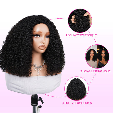 Vshow Pixie Curly Human Hair Wigs 250% Density Twist Curly Voluminous Look Pixie Culy 3 In 1 Half Wig & V Part Wigs