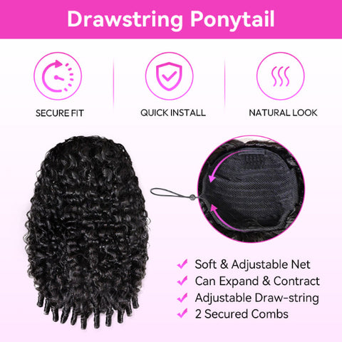 100% Human Hair Drawstring Ponytail With Clips Burmese Curly Hair Ponytail Easy Install Ponytail Hair Extension