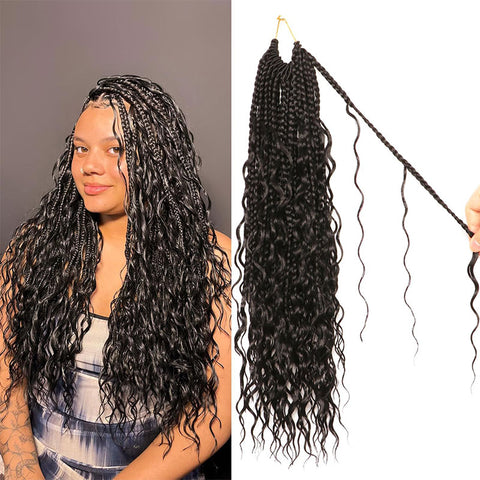 Goddess Boho Box Braids Crochet Hair Pr-Looped With Wave Ends 100% Human Hair Extensions Lightweight Breathable
