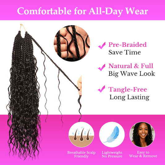 Goddess Boho Box Braids Crochet Hair Pr-Looped With Wave Ends 100% Human Hair Extensions Lightweight Breathable