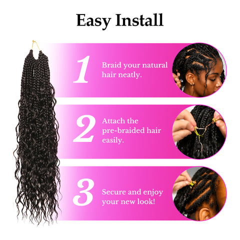Goddess Boho Box Braids Crochet Hair Pr-Looped With Wave Ends 100% Human Hair Extensions Lightweight Breathable