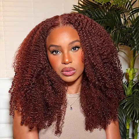 Vshow Reddish Brown Kinky Curly Hair Glueless Wear Go Wigs Pre-cut Lace 4x6 Wig