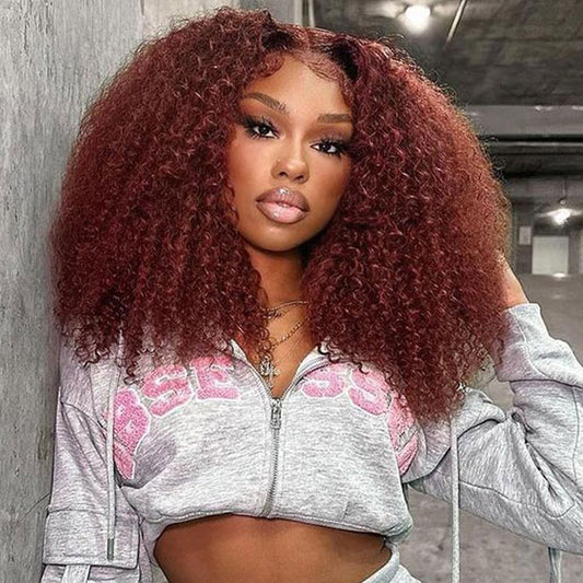 Vshow Reddish Brown Kinky Curly Hair Glueless Wear Go Wigs Pre-cut Lace 4x6 Wig