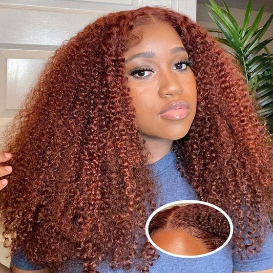 Vshow Reddish Brown Kinky Curly Hair Glueless Wear Go Wigs Pre-cut Lace 4x6 Wig