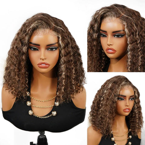 Vshow Short Water Curly Human Hair Bob Wig Blonde Highlight Chocolate Brown Pre-cut Lace Wear Go Glueless Wig