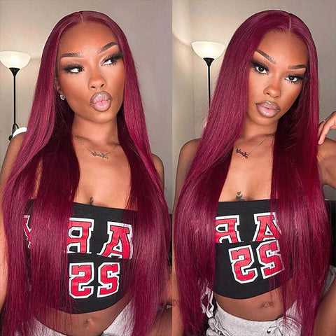 BOGO 99J Colored Hair Wigs Burgundy Straight Human Hair Wear Go Glueless Wigs Pre-cut Lace Wigs Preplucked Hairline