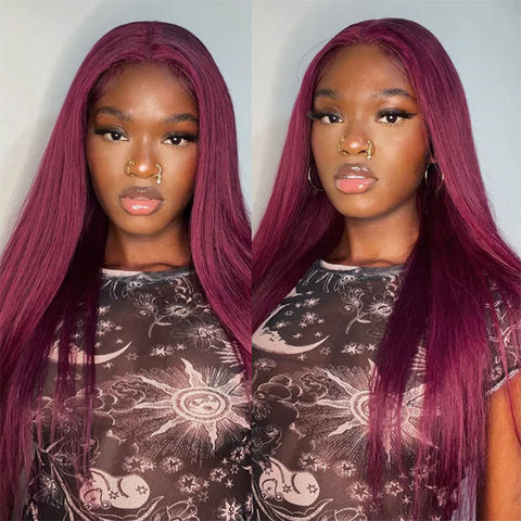 BOGO 99J Colored Hair Wigs Burgundy Straight Human Hair Wear Go Glueless Wigs Pre-cut Lace Wigs Preplucked Hairline