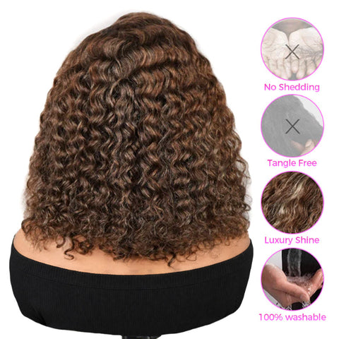 Vshow Short Water Curly Human Hair Bob Wig Blonde Highlight Chocolate Brown Pre-cut Lace Wear Go Glueless Wig