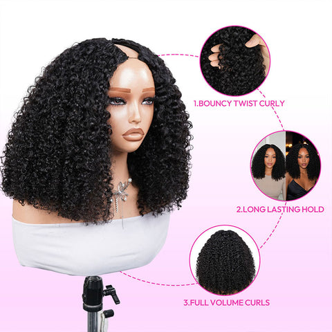 Vshow Pixie Curly Human Hair Wigs 250% Density Twist Curly Voluminous Look Pixie Culy 3 In 1 Half Wig & V Part Wigs