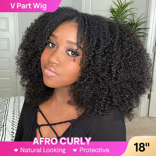 Vshow Glueless Wigs V Part Afro Curly Wig No Leave Out Thin Part Human Hair Wig Beginner Friendly