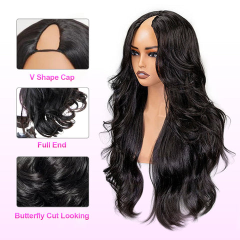 Pre Styled Butterfly Cut Layered Yaki Body Machine Made Human Hair Wigs With Drawstring 250% Density V Part Half Wig U Part Wig Available