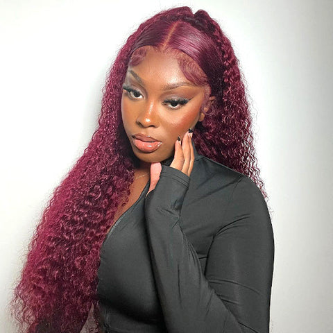 Burgundy Water Wave Human Hair Glueless Wear Go Wigs Pre-cut Lace 180% Density