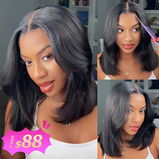Layered Cut Yaki Straight Hair 9x6 T Part Lace Glueless Human Hair Wigs With Drawstring