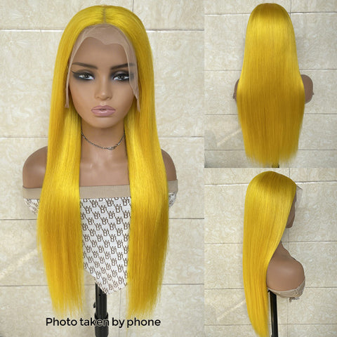 VSHOW Neon Yellow Hair Straight Human Hair Lace Front Wigs Near Me Golden orange Hair Color